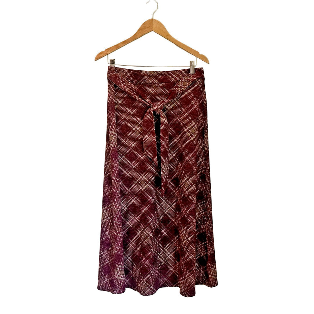 NYCC Burgundy Plaid Midi Skirt Fall Academia Preppy Tie Front Brushed Knit M